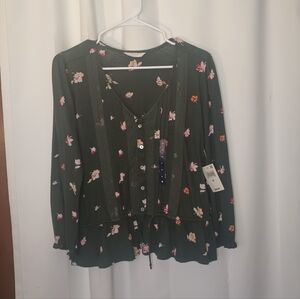 Lucky Brand Forest Fairy Grunge Top Medium Green Floral Button Lace Boho NWT